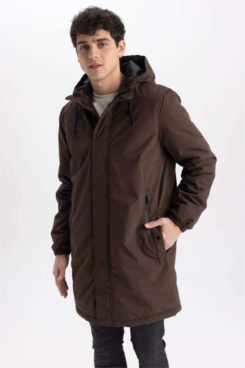 Erkek Kahve Slim Fit Kapüşonlu Mont Parka
