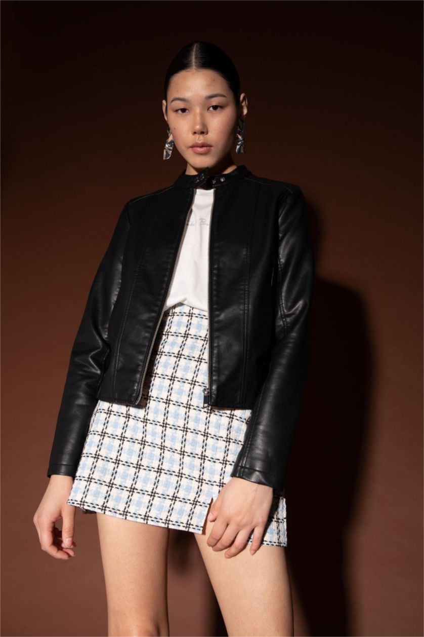 Kadın Siyah Regular Fit Suni Deri Su İtici Mont