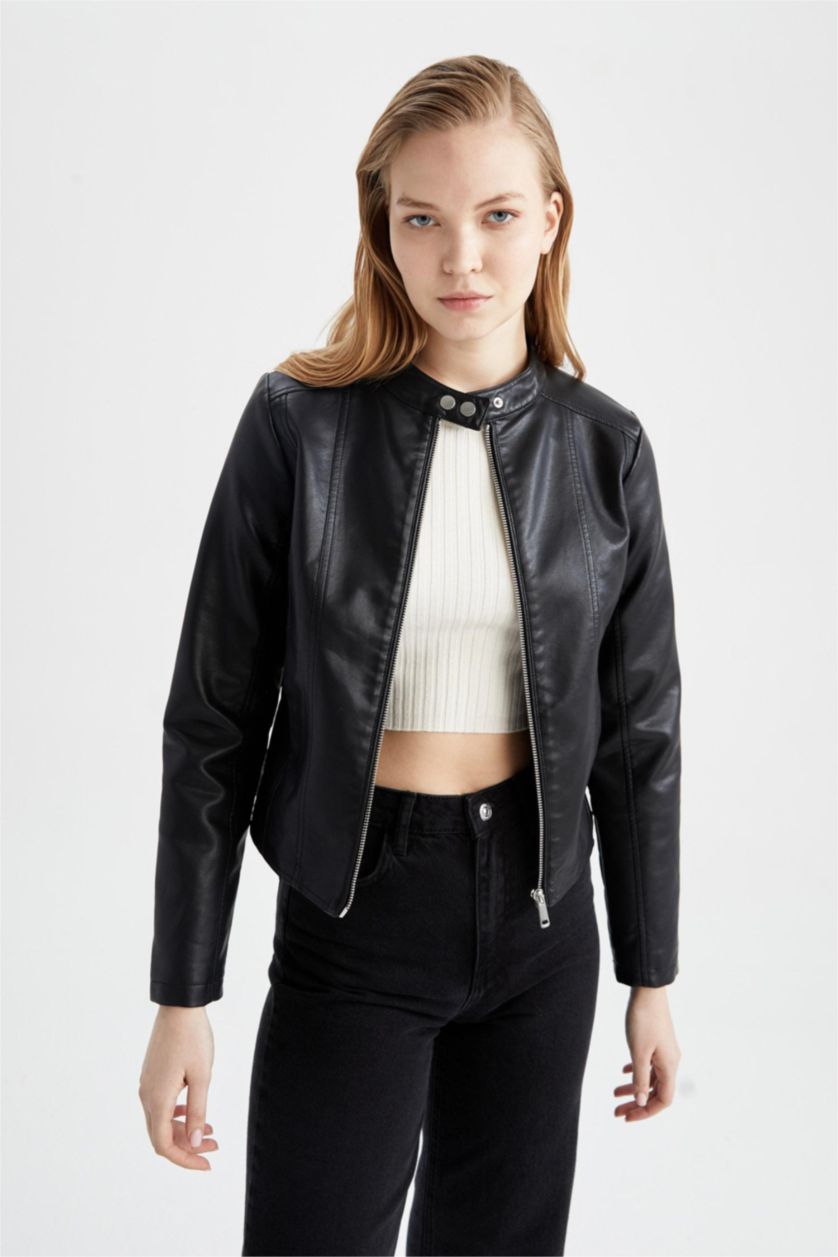 Kadın Siyah Regular Fit Suni Deri Su İtici Mont