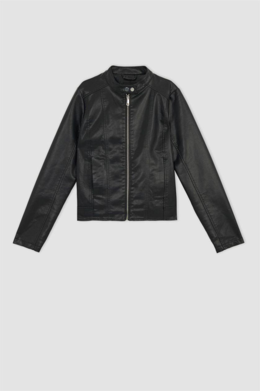 Kadın Siyah Regular Fit Suni Deri Su İtici Mont