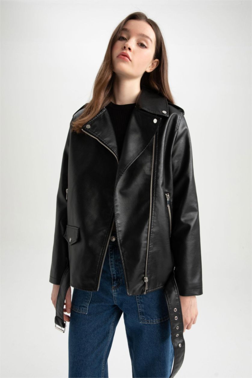 نساء أسود جاكيت جلد صناعي اوفر سايز