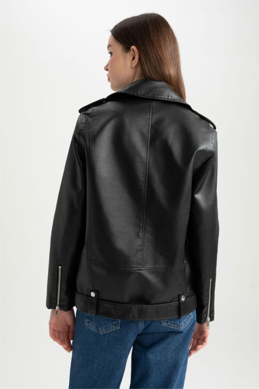 نساء أسود جاكيت جلد صناعي اوفر سايز