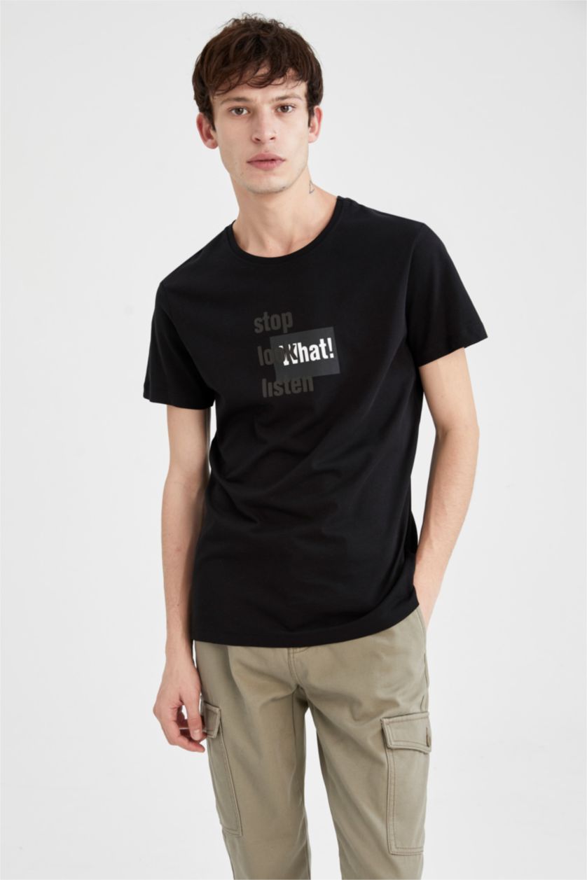 HOMME Noir T-shirt à manches courtes et imprimé à slogan et col rond coupe slim
