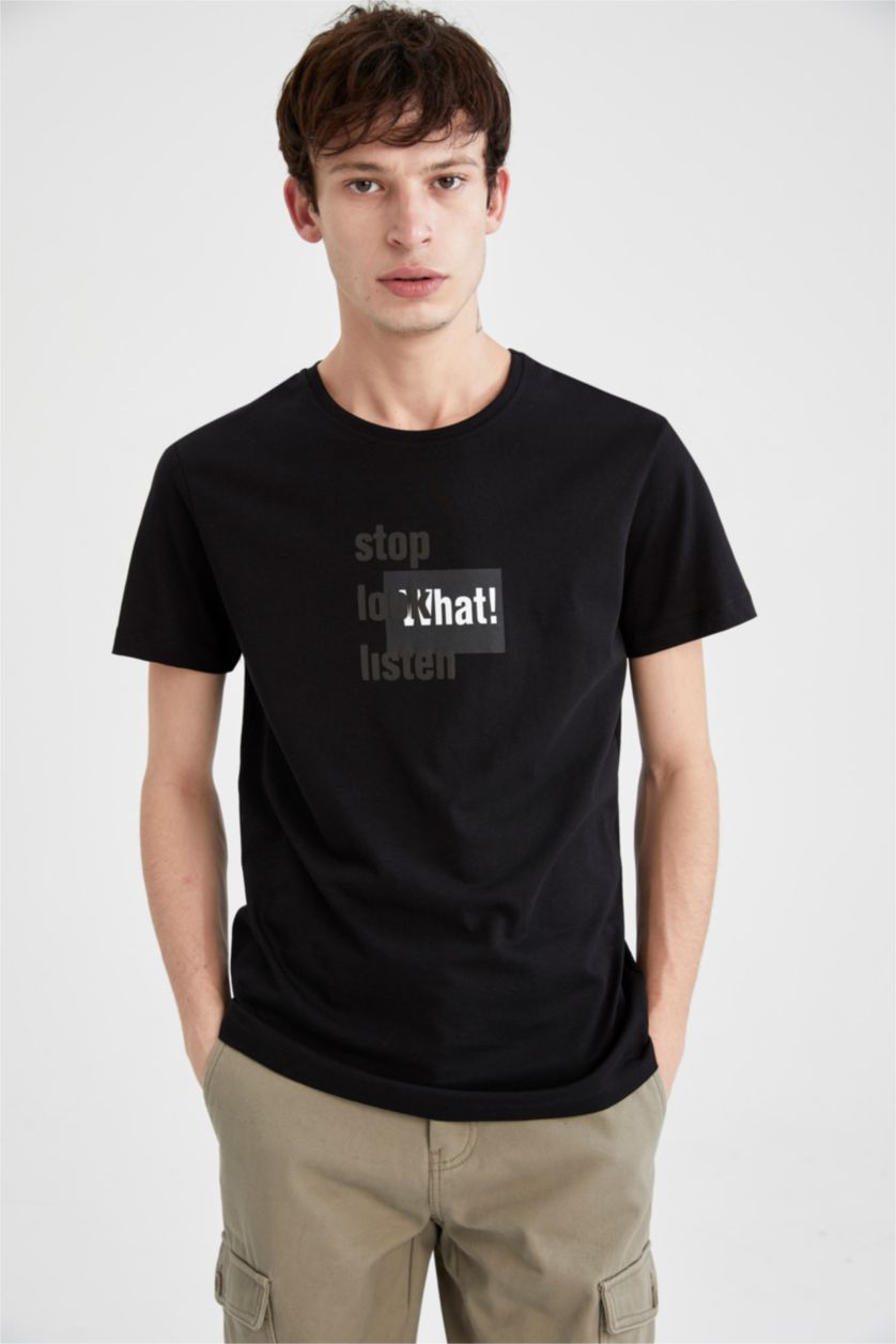 HOMME Noir T-shirt à manches courtes et imprimé à slogan et col rond coupe slim