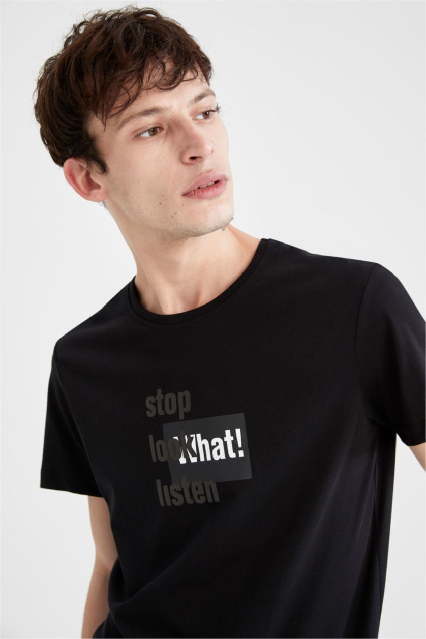 HOMME Noir T-shirt à manches courtes et imprimé à slogan et col rond coupe slim
