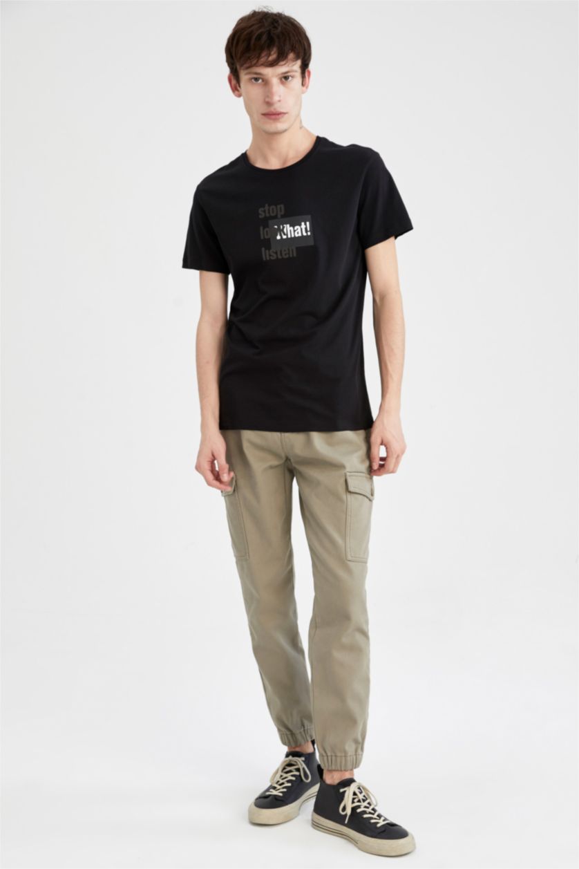 HOMME Noir T-shirt à manches courtes et imprimé à slogan et col rond coupe slim