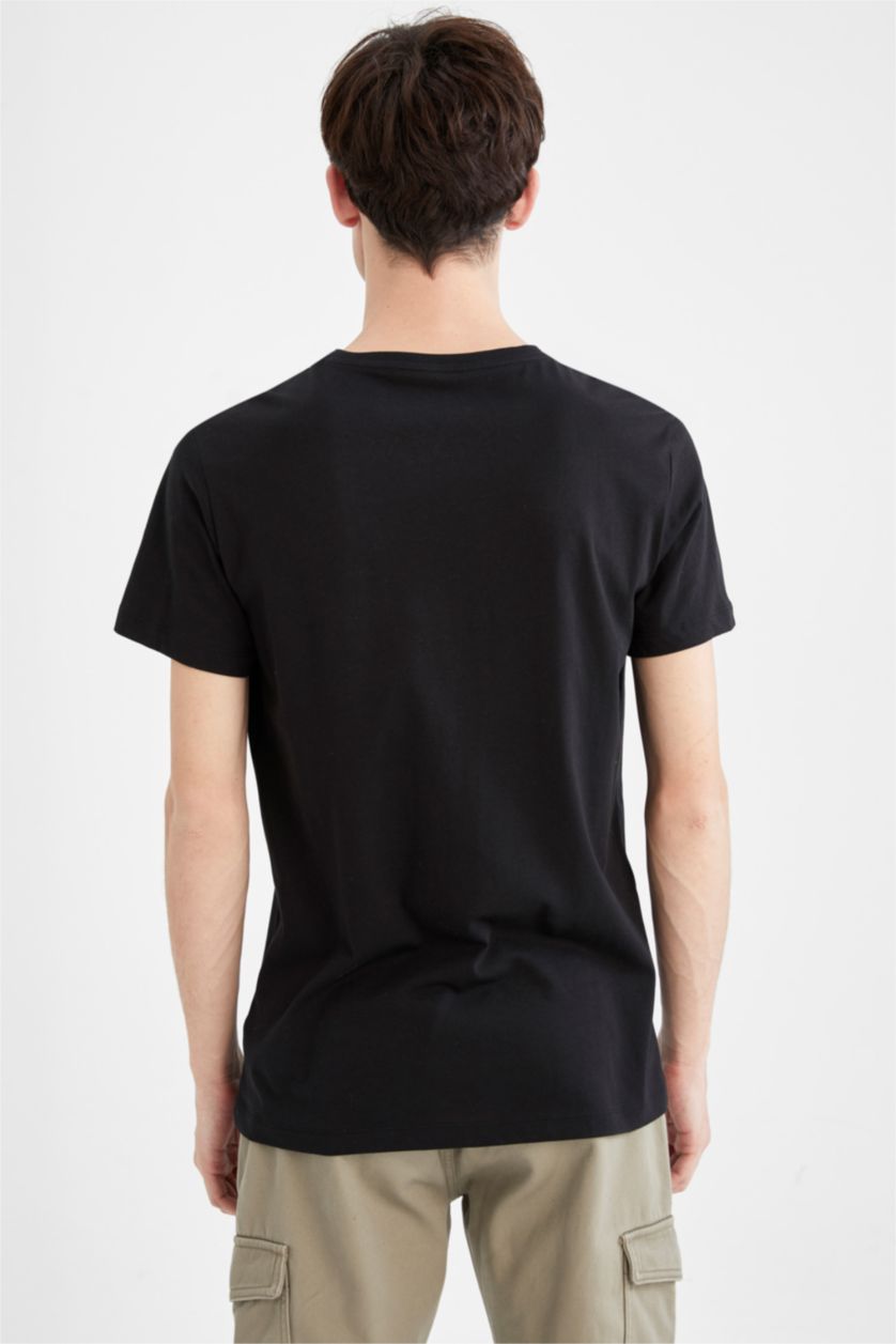 HOMME Noir T-shirt à manches courtes et imprimé à slogan et col rond coupe slim