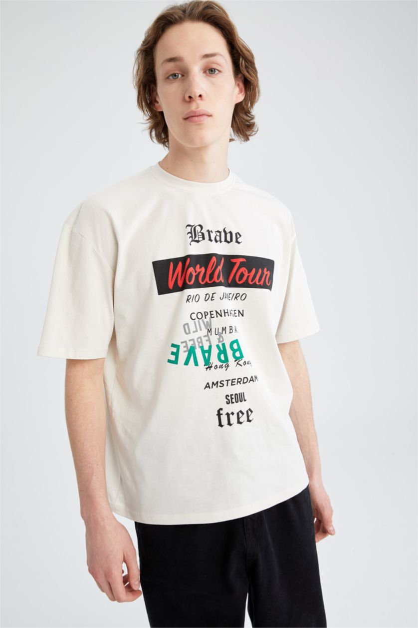 رجال اللون الحجري تي شيرت بأكمام قصيرة مطبوع عليه من الخلف رقبة مستديرة اوفر سايز