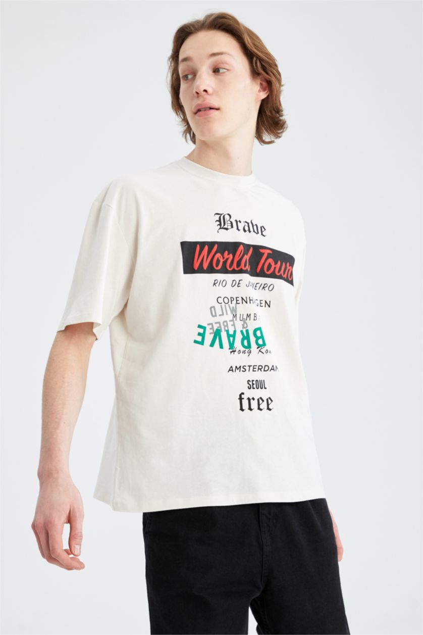 رجال اللون الحجري تي شيرت بأكمام قصيرة مطبوع عليه من الخلف رقبة مستديرة اوفر سايز