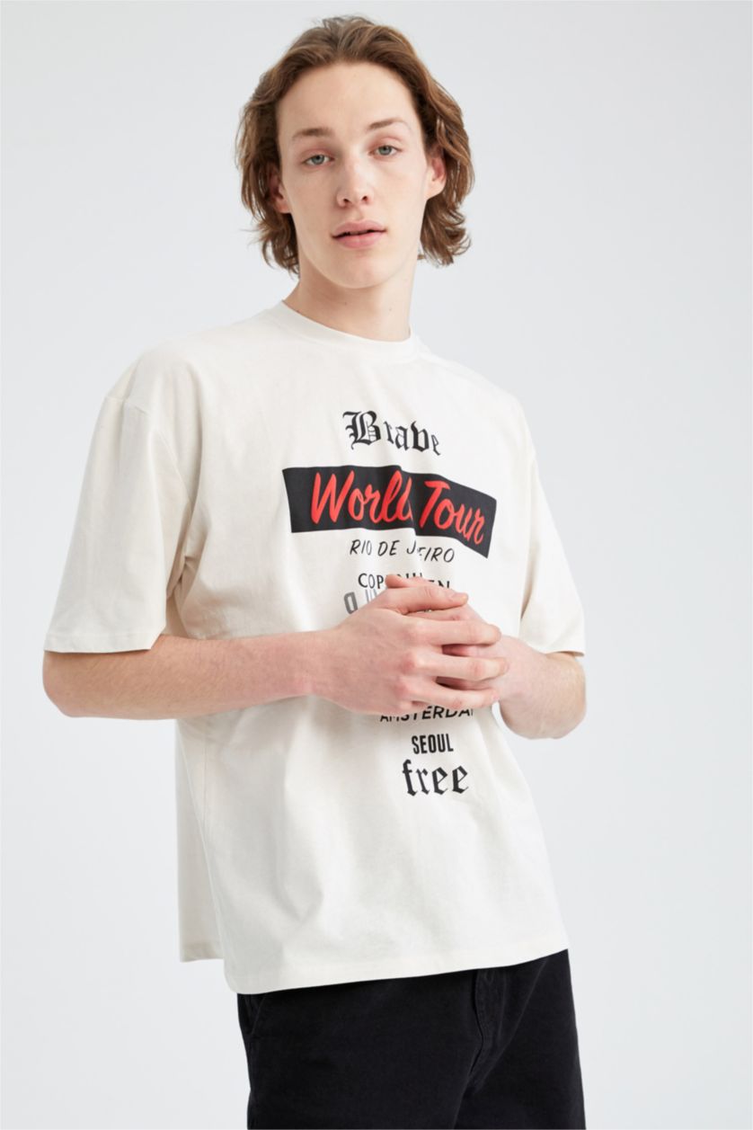 رجال اللون الحجري تي شيرت بأكمام قصيرة مطبوع عليه من الخلف رقبة مستديرة اوفر سايز