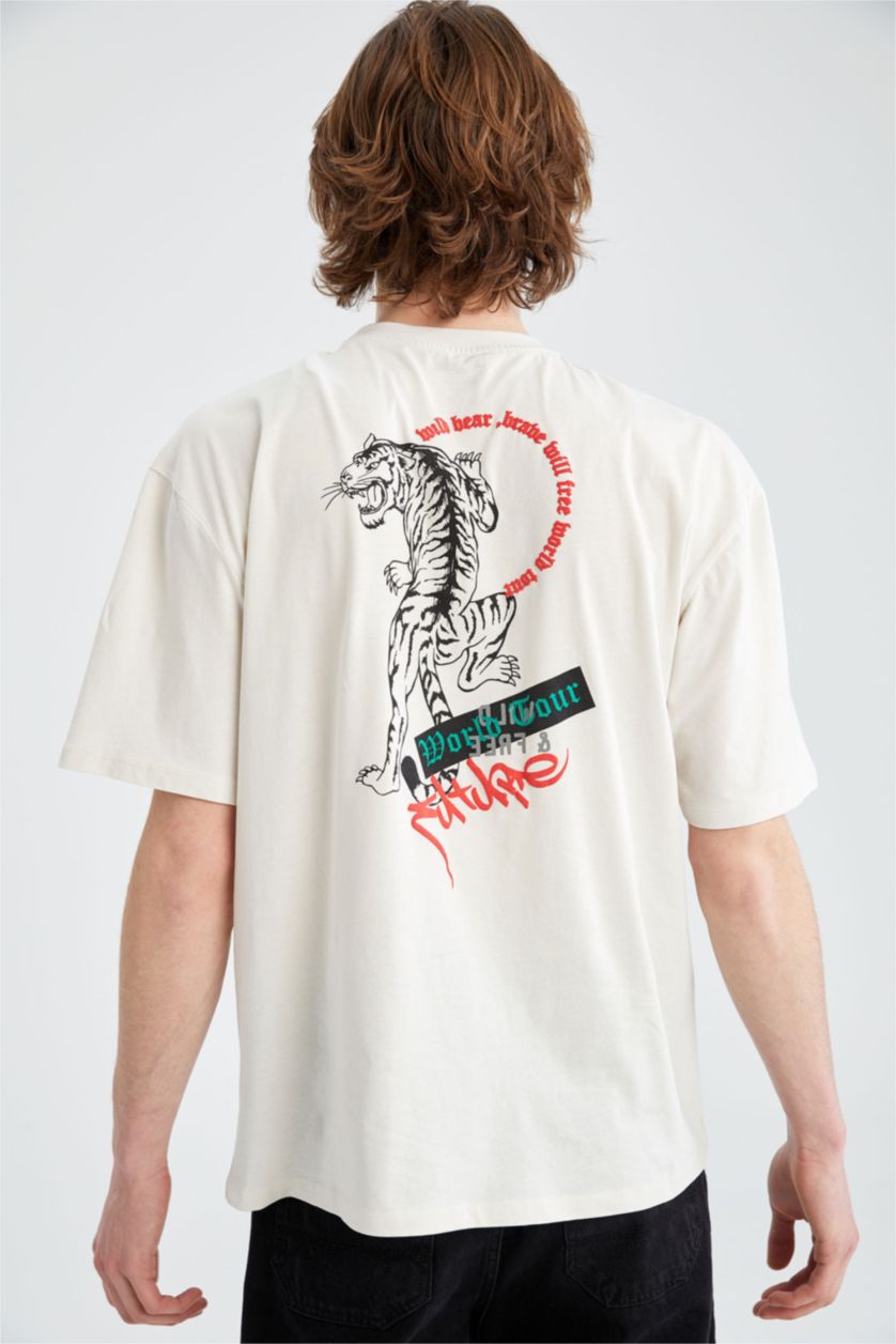 رجال اللون الحجري تي شيرت بأكمام قصيرة مطبوع عليه من الخلف رقبة مستديرة اوفر سايز