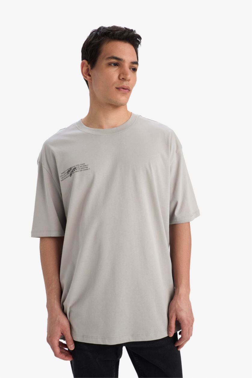 رجال رمادي فاتح تيشيرت نص ردن اوفر سايز بياخة مستديرة