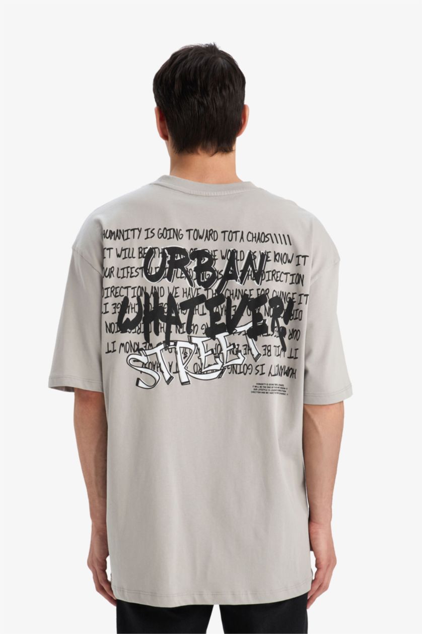 رجال رمادي فاتح تيشيرت نص ردن اوفر سايز بياخة مستديرة