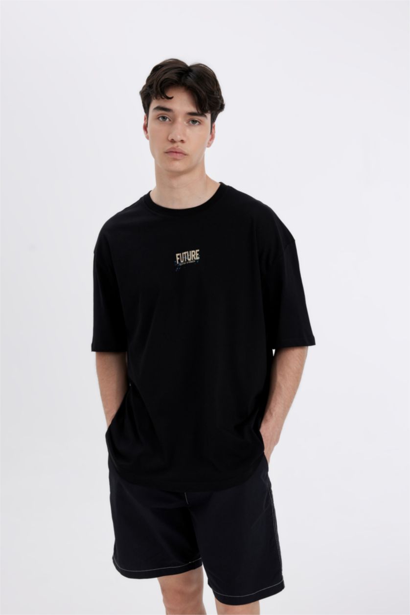 رجال أسود تي شيرت بأكمام قصيرة مطبوع بياقة مستديرة اوفر سايز