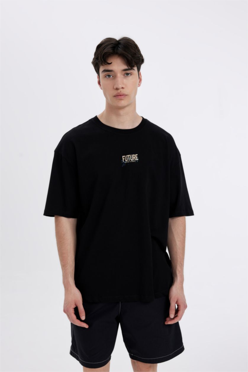 رجال أسود تي شيرت بأكمام قصيرة مطبوع بياقة مستديرة اوفر سايز