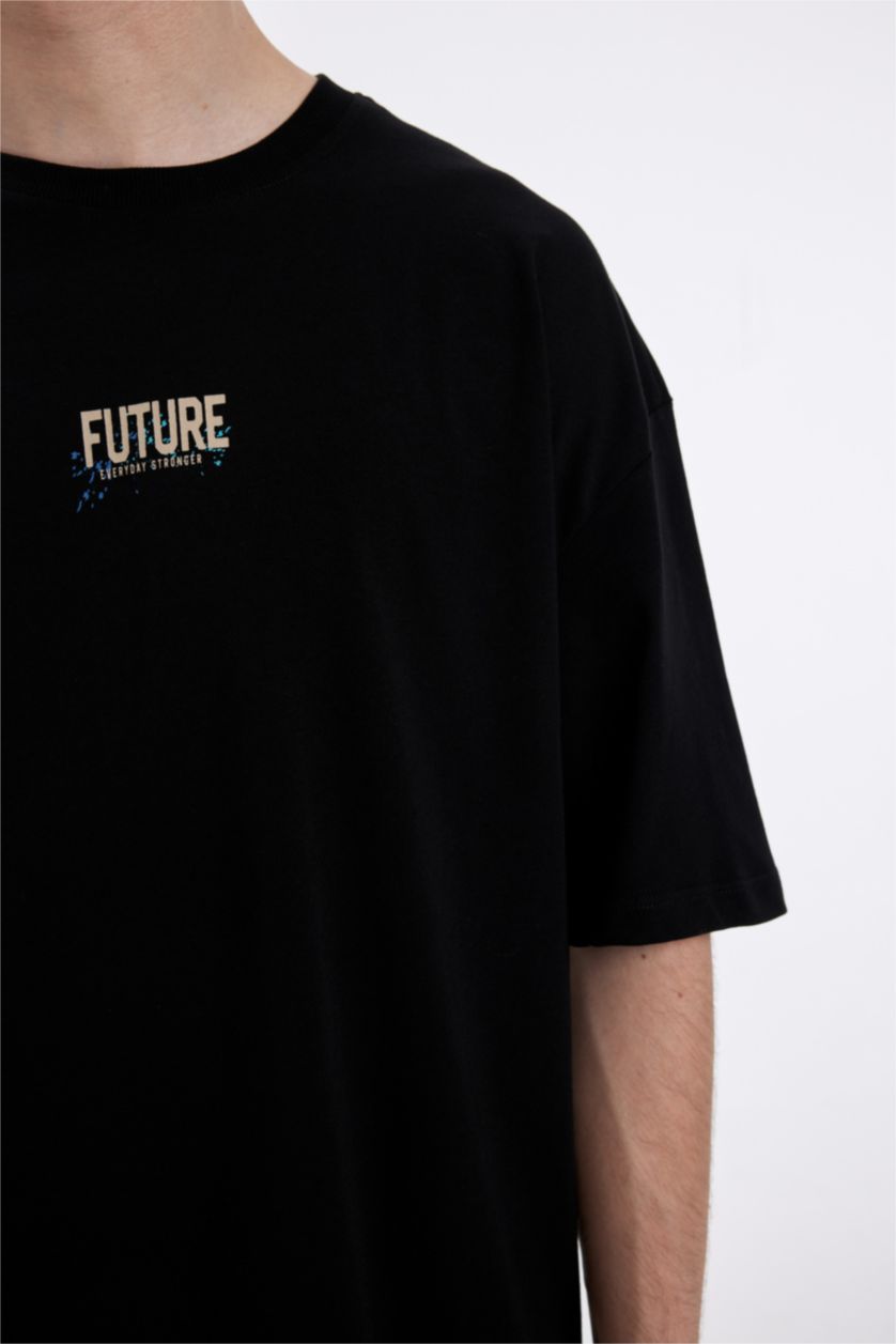 رجال أسود تي شيرت بأكمام قصيرة مطبوع بياقة مستديرة اوفر سايز