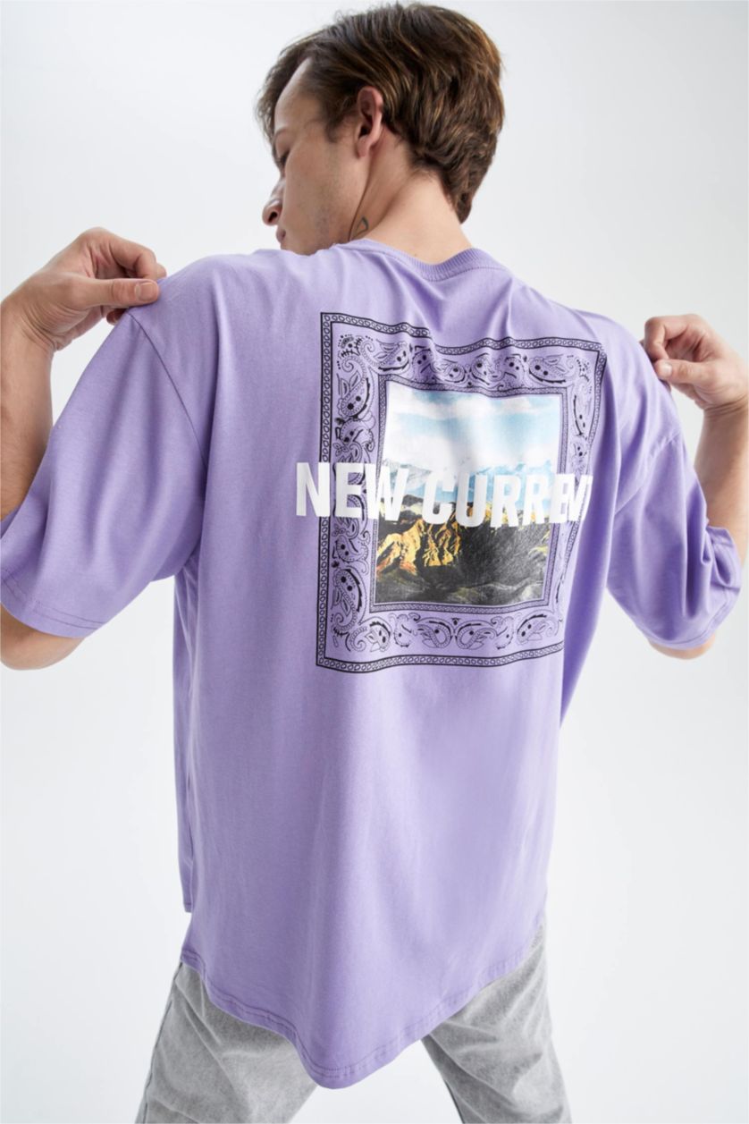 HOMME Violet T-shirt à manches courtes imprimé à col rond et coupe oversize