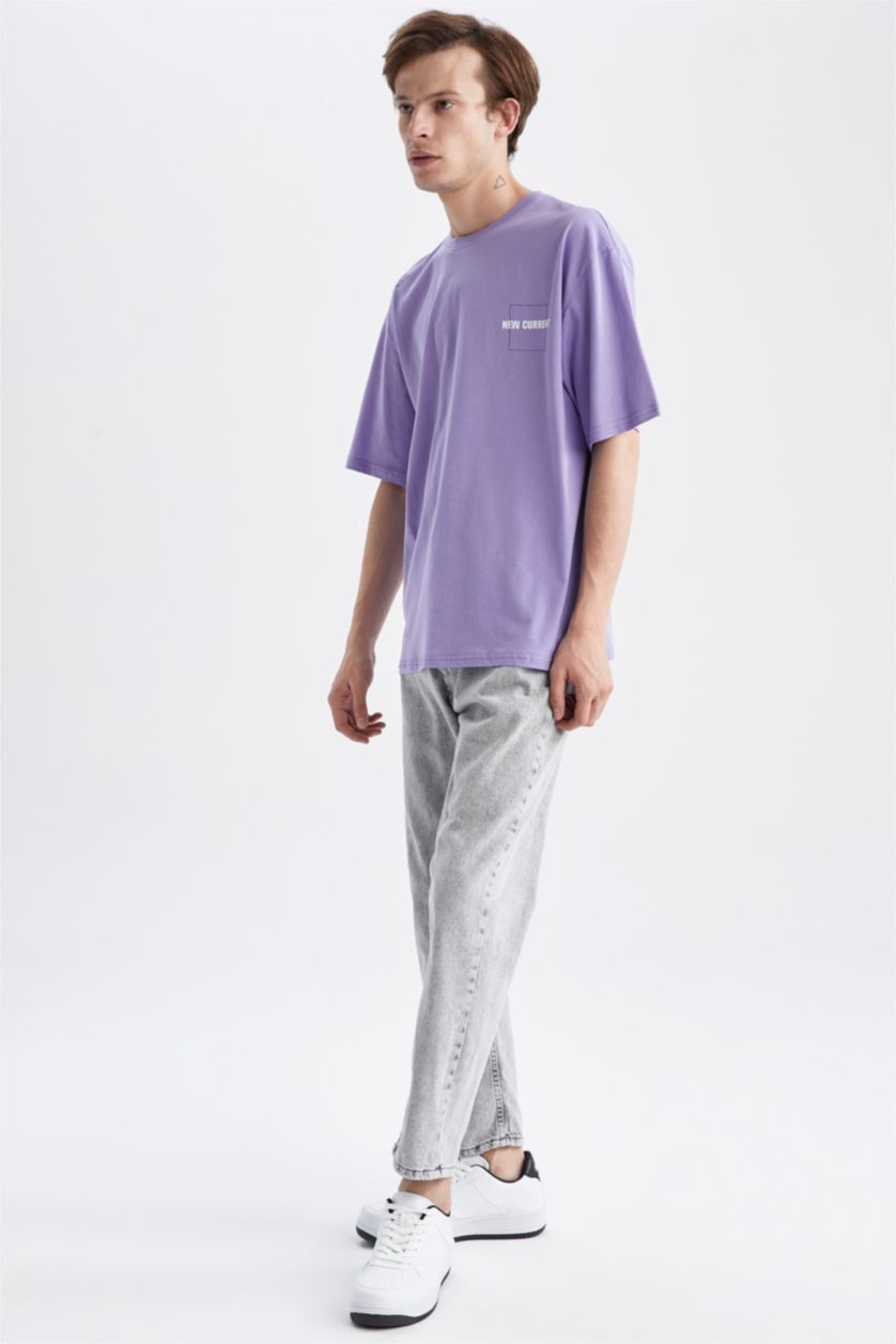 HOMME Violet T-shirt à manches courtes imprimé à col rond et coupe oversize