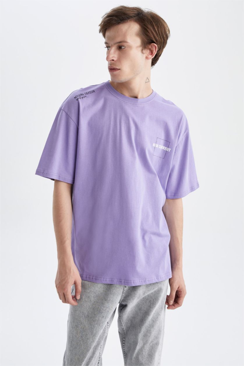HOMME Violet T-shirt à manches courtes imprimé à col rond et coupe oversize