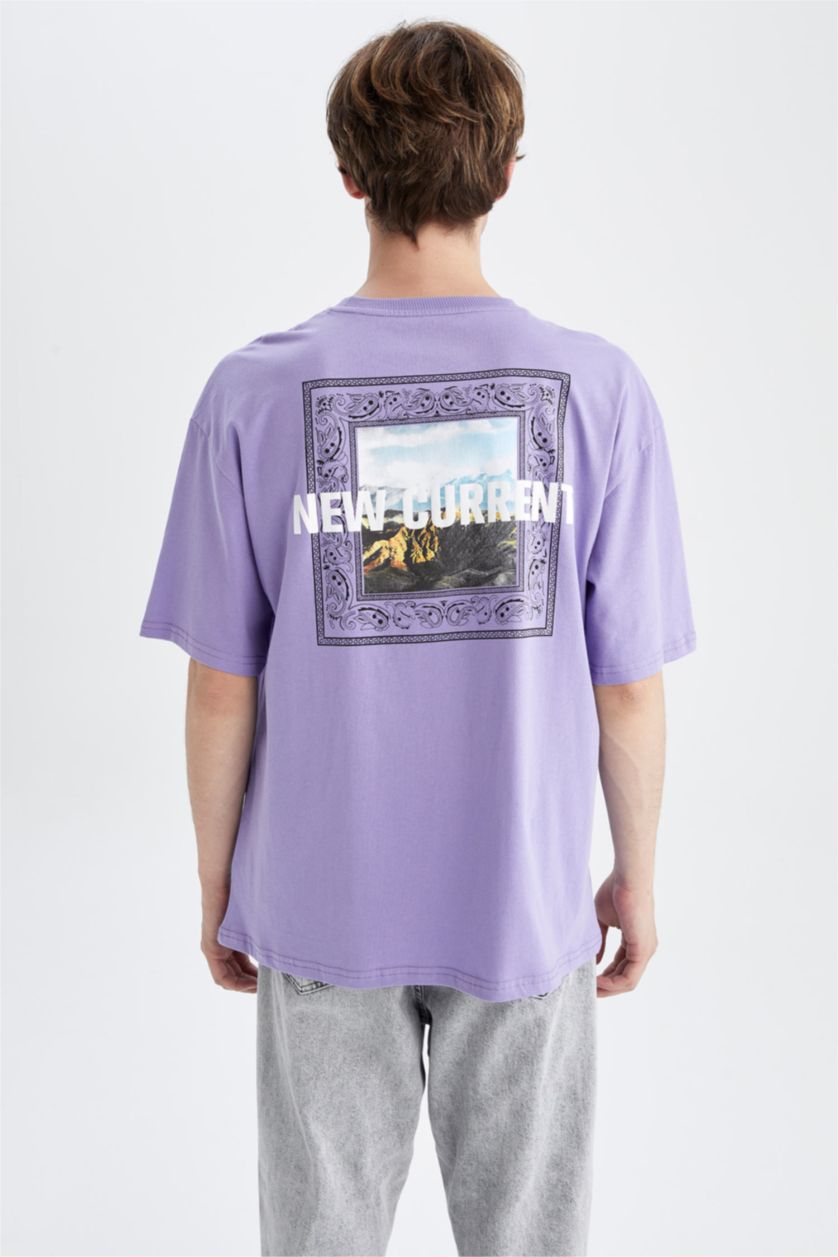 HOMME Violet T-shirt à manches courtes imprimé à col rond et coupe oversize