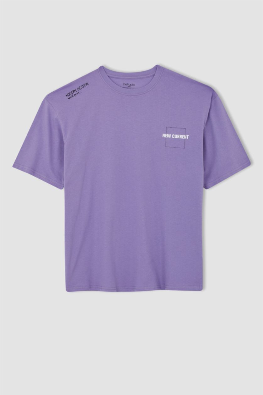 HOMME Violet T-shirt à manches courtes imprimé à col rond et coupe oversize