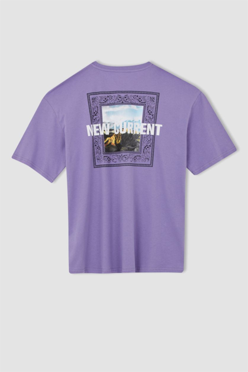 HOMME Violet T-shirt à manches courtes imprimé à col rond et coupe oversize
