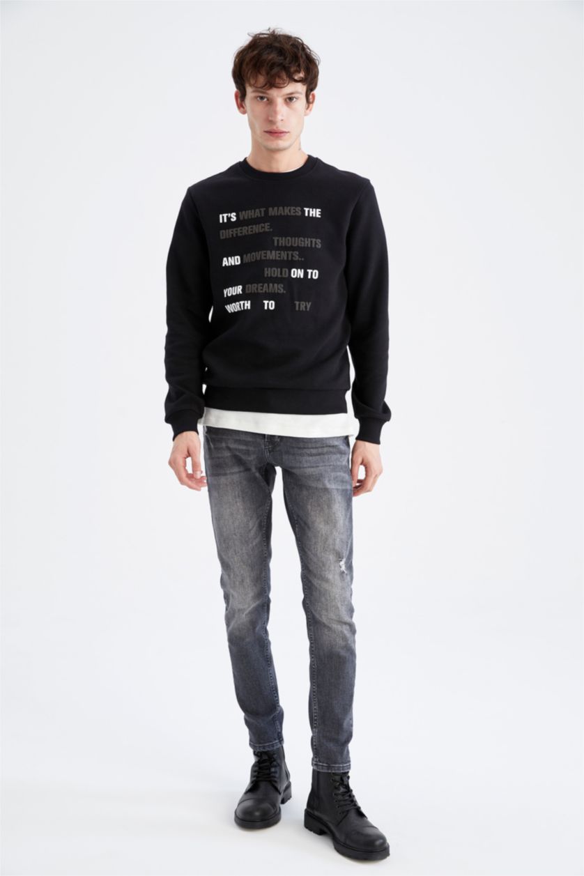 HOMME Noir Sweat- Shirt Coupe slim raccourcie Col rond Grand Manche Longue