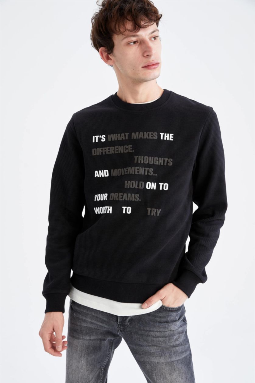 HOMME Noir Sweat- Shirt Coupe slim raccourcie Col rond Grand Manche Longue