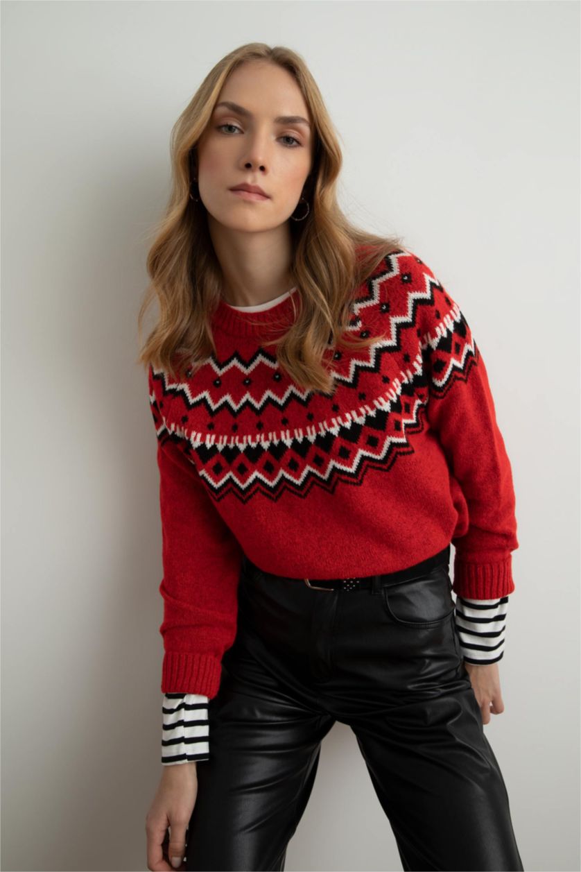 WOMAN Red Regular Fit Crew Neck Pullover