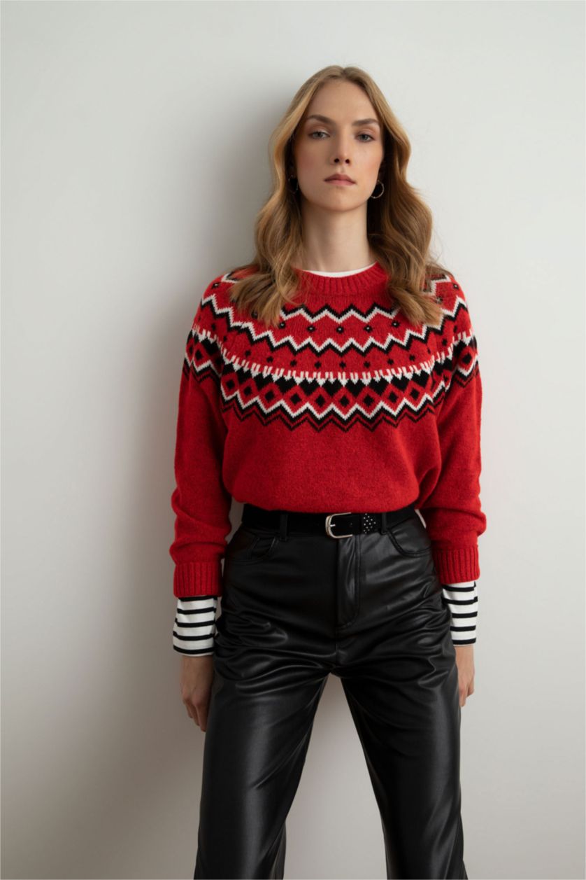 WOMAN Red Regular Fit Crew Neck Pullover