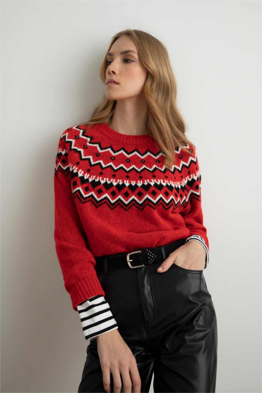 WOMAN Red Regular Fit Crew Neck Pullover