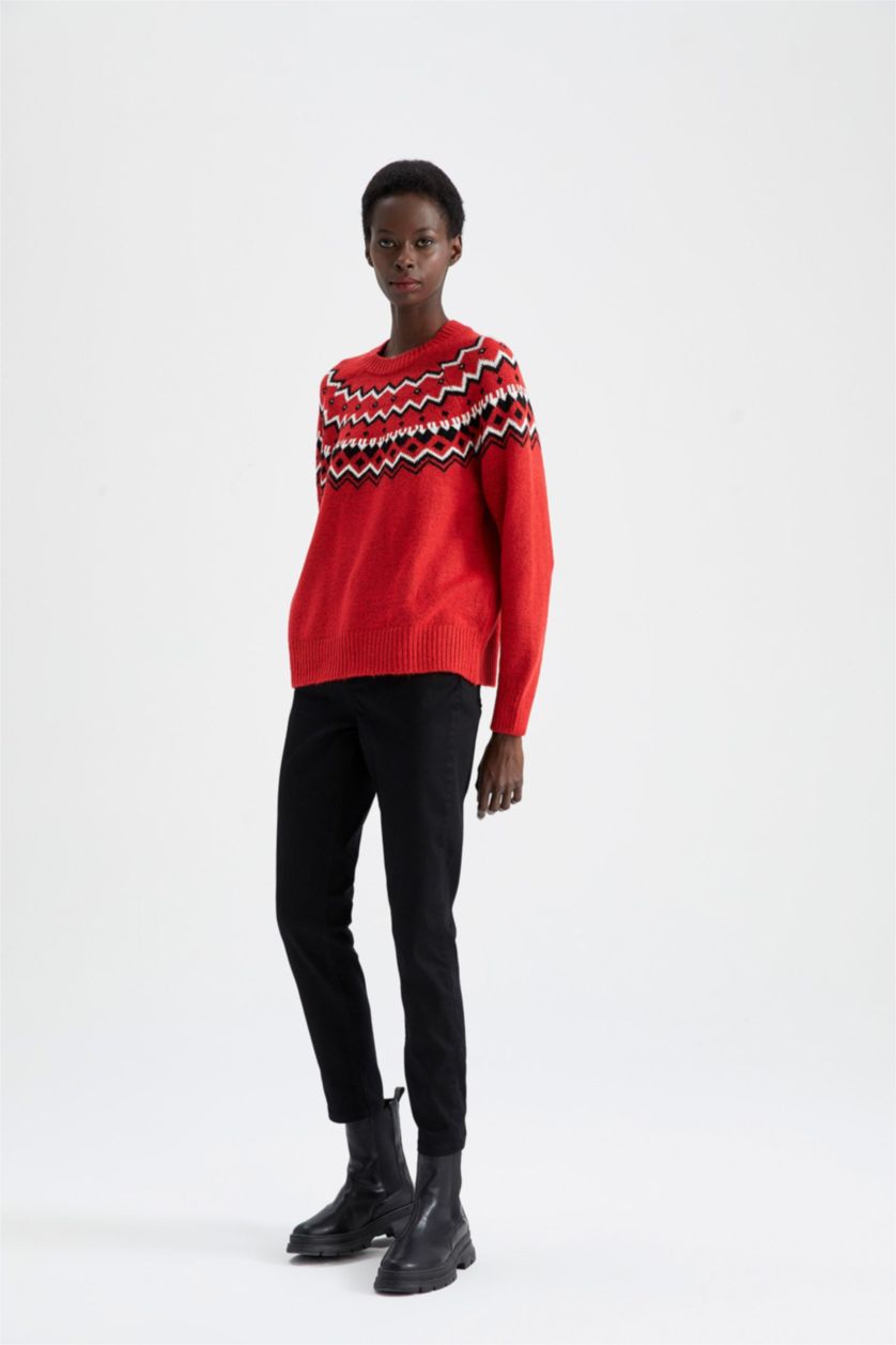 WOMAN Red Regular Fit Crew Neck Pullover