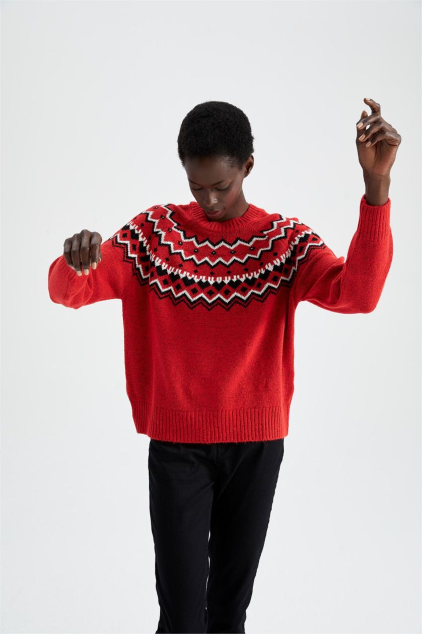 WOMAN Red Regular Fit Crew Neck Pullover