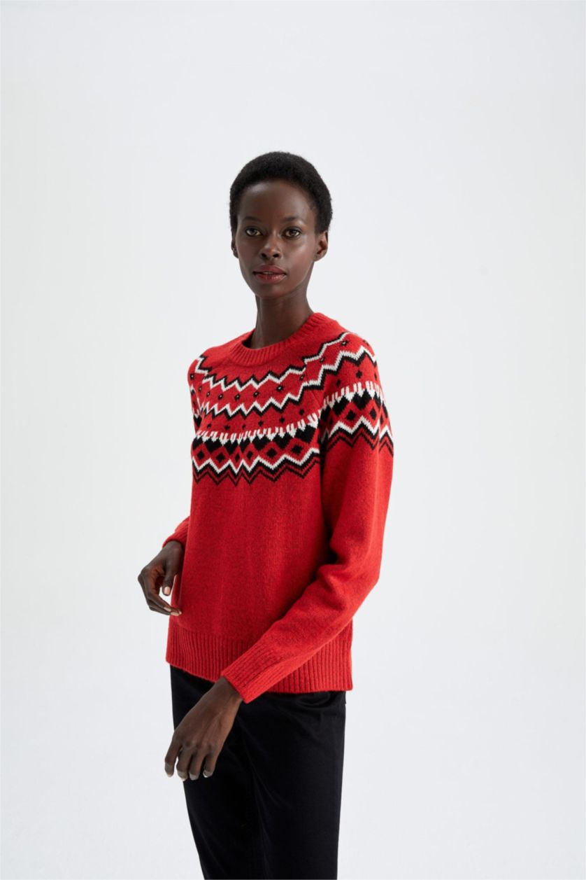 WOMAN Red Regular Fit Crew Neck Pullover