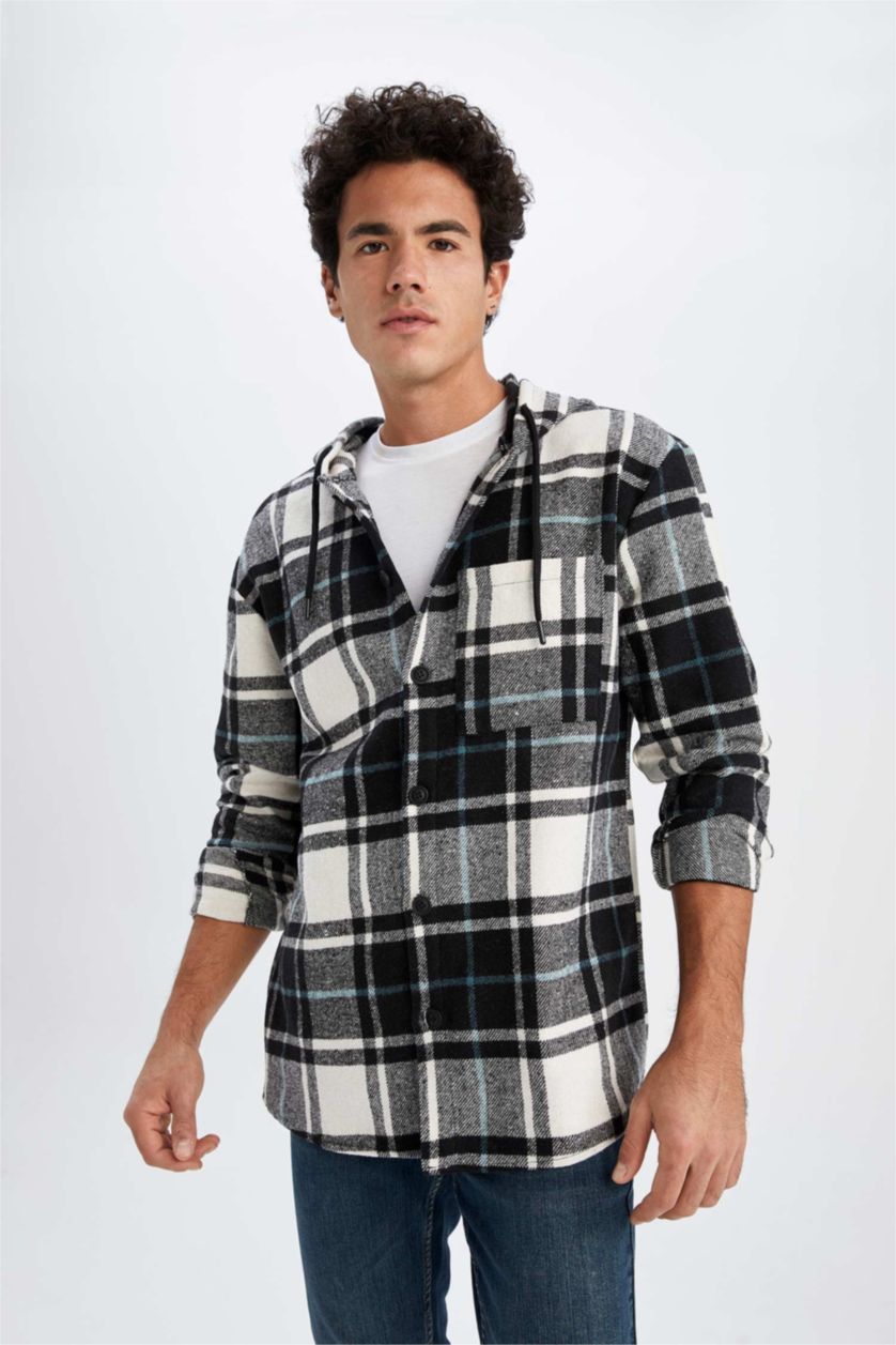 HOMME Noir Chemise À Manches Longues En Flanelle À Capuche Coupe Oversize