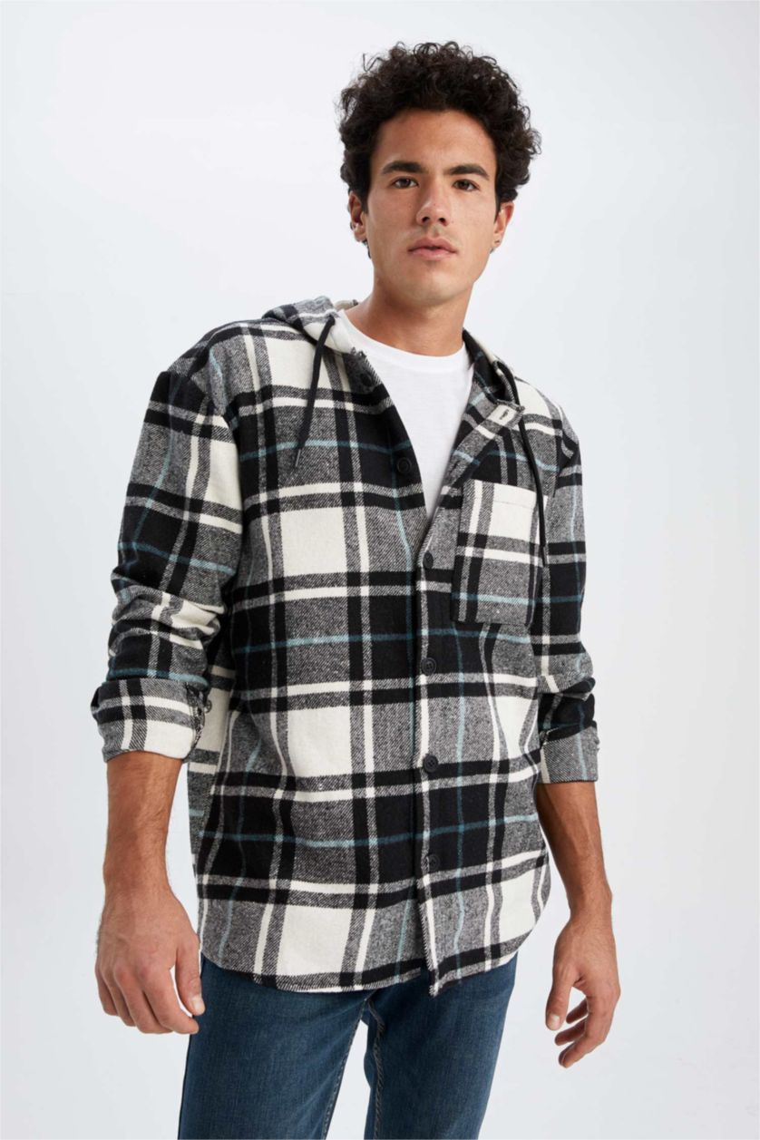 HOMME Noir Chemise À Manches Longues En Flanelle À Capuche Coupe Oversize