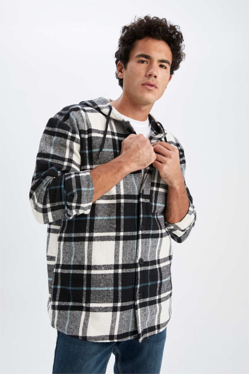 HOMME Noir Chemise À Manches Longues En Flanelle À Capuche Coupe Oversize