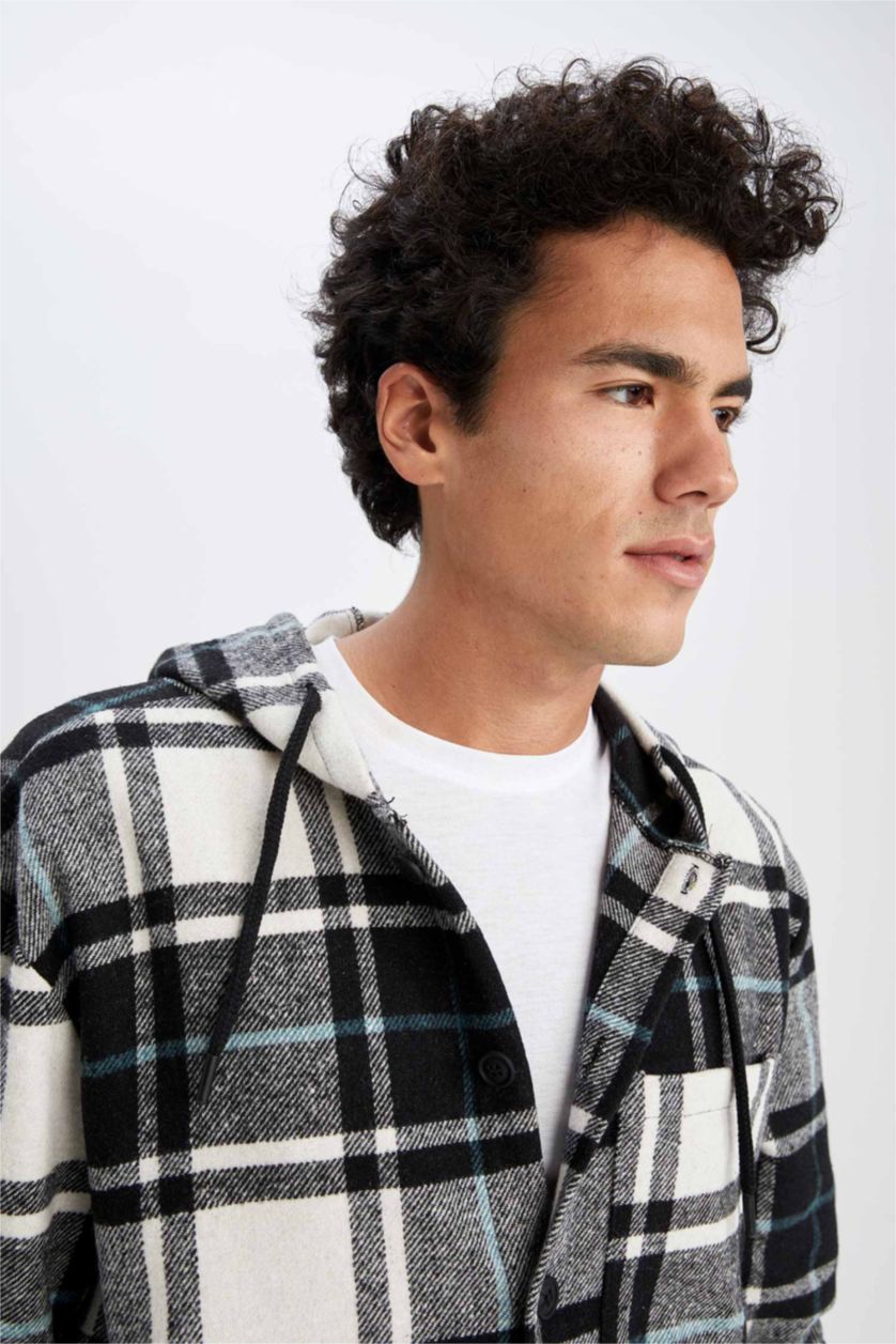 HOMME Noir Chemise À Manches Longues En Flanelle À Capuche Coupe Oversize