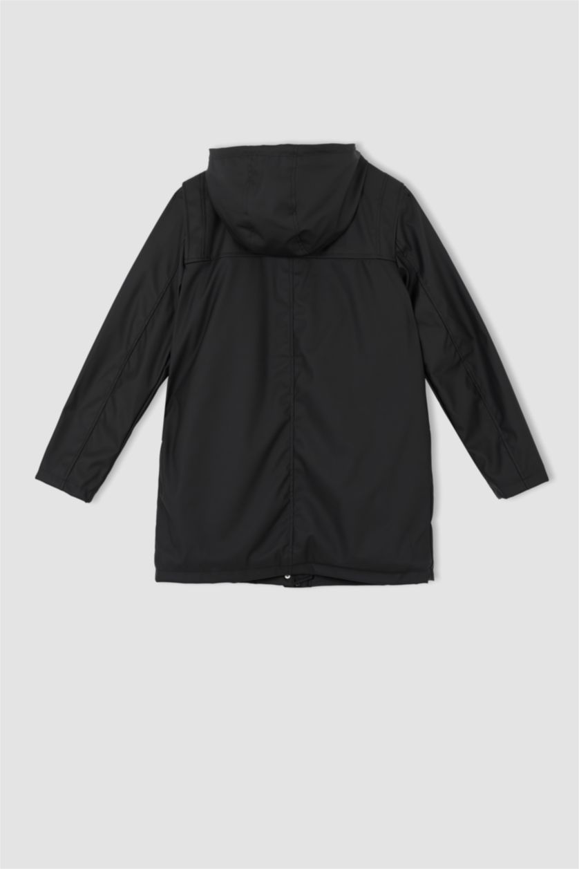 Kadın Siyah Oversize Geniş Kesim Kapüşonlu Pelüş Astar Suni Deri Yağmurluk