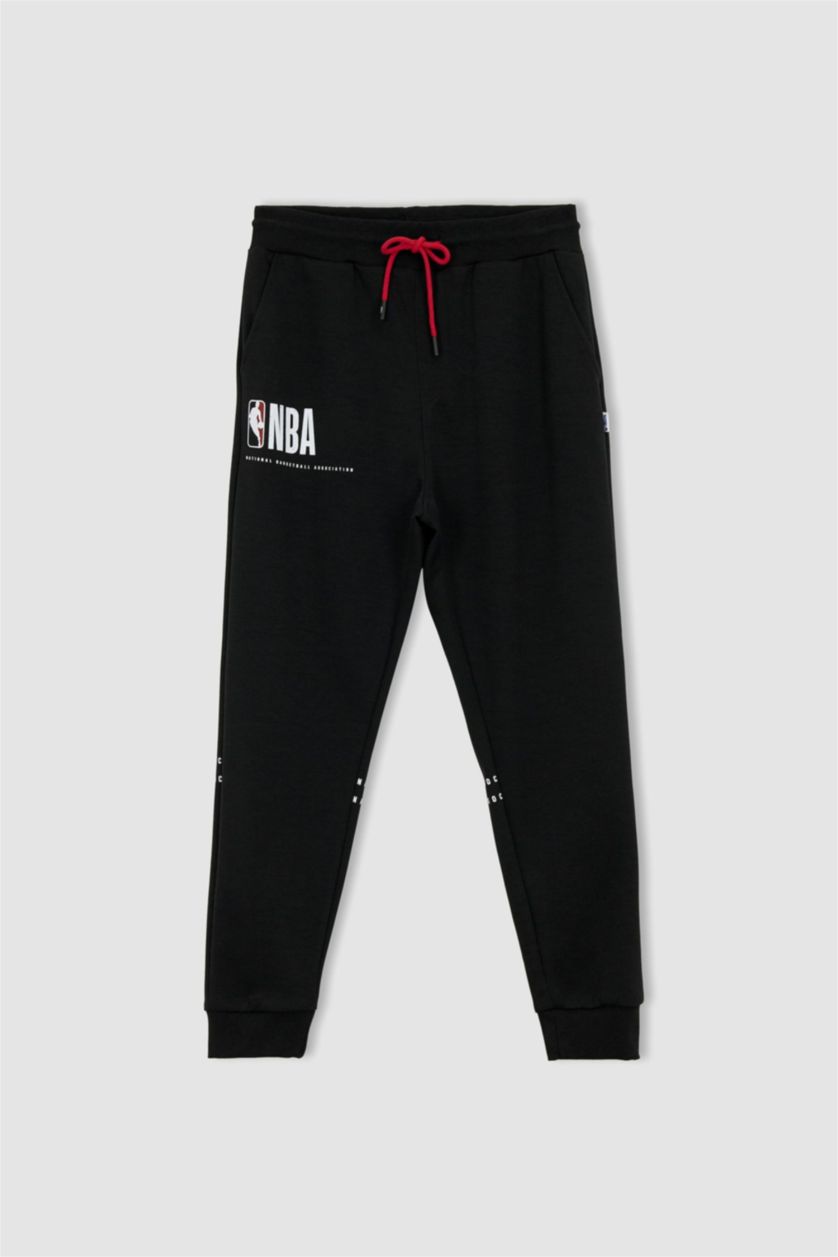 Erkek Siyah DeFactoFit NBA Slim Fit Beli Bağcıklı Lastikli Paça Ağır Kumaş Jogger Eşofman Altı