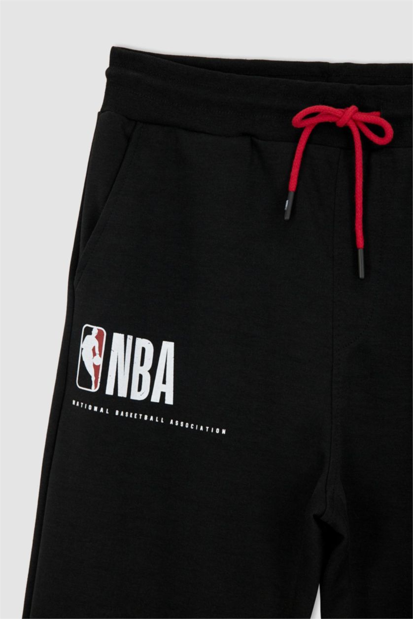 Erkek Siyah DeFactoFit NBA Slim Fit Beli Bağcıklı Lastikli Paça Ağır Kumaş Jogger Eşofman Altı