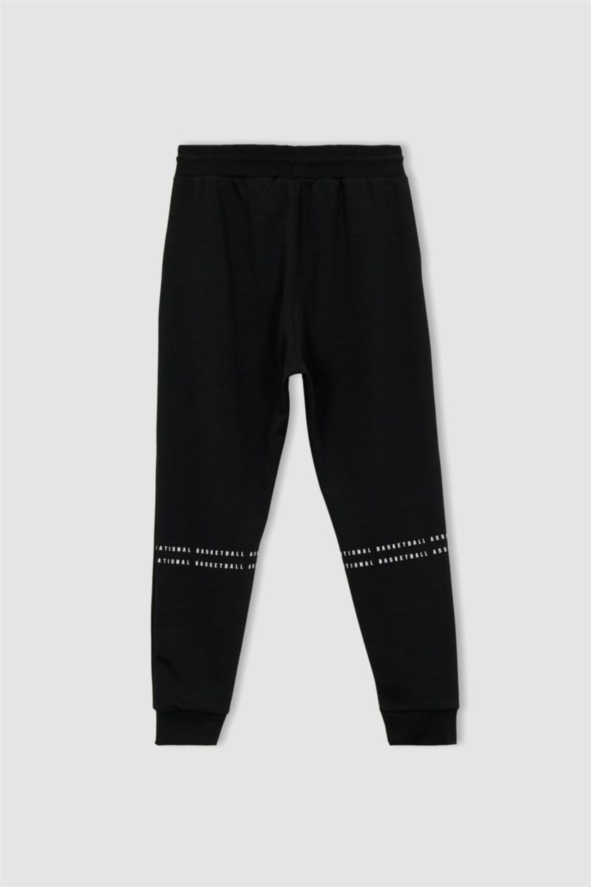 Erkek Siyah DeFactoFit NBA Slim Fit Beli Bağcıklı Lastikli Paça Ağır Kumaş Jogger Eşofman Altı
