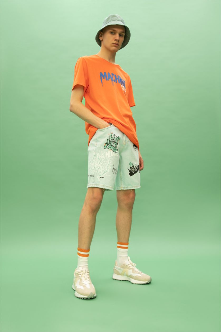 Erkek Açık Mavi Loose Fit Bol Kalıp Yüksek Bel Dar Paça Jean Bermuda Şort