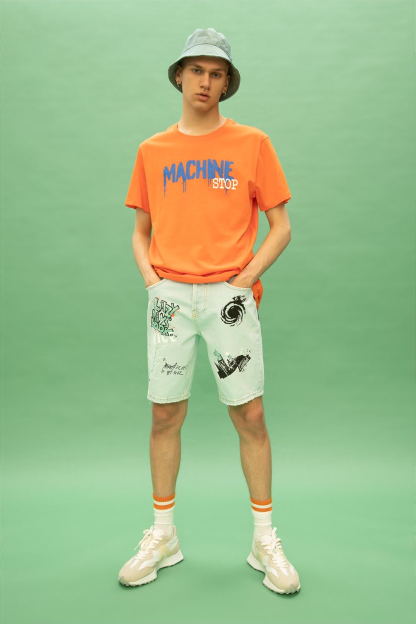 Erkek Açık Mavi Loose Fit Bol Kalıp Yüksek Bel Dar Paça Jean Bermuda Şort