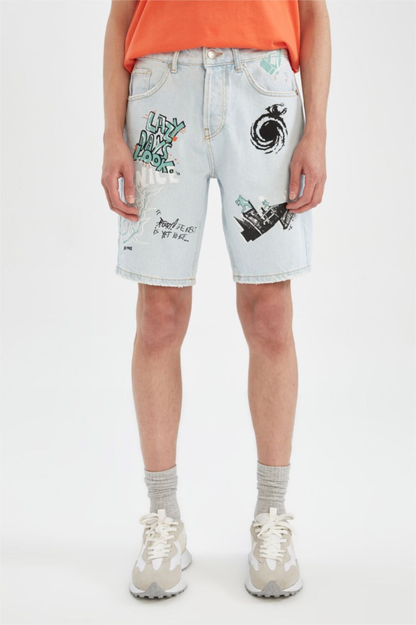 Erkek Açık Mavi Loose Fit Bol Kalıp Yüksek Bel Dar Paça Jean Bermuda Şort