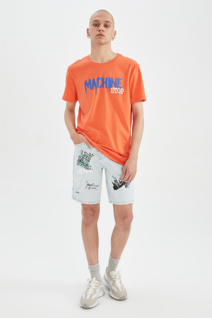 Erkek Açık Mavi Loose Fit Bol Kalıp Yüksek Bel Dar Paça Jean Bermuda Şort