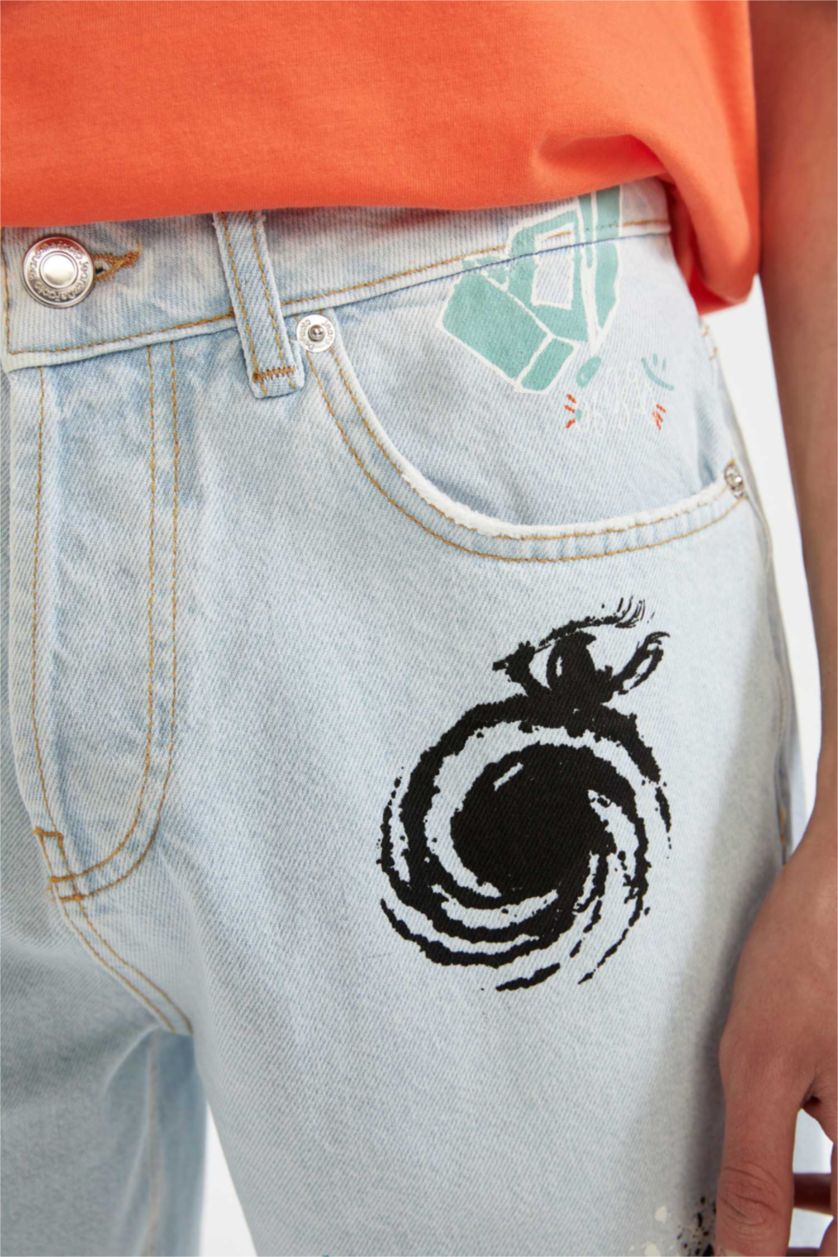 Erkek Açık Mavi Loose Fit Bol Kalıp Yüksek Bel Dar Paça Jean Bermuda Şort