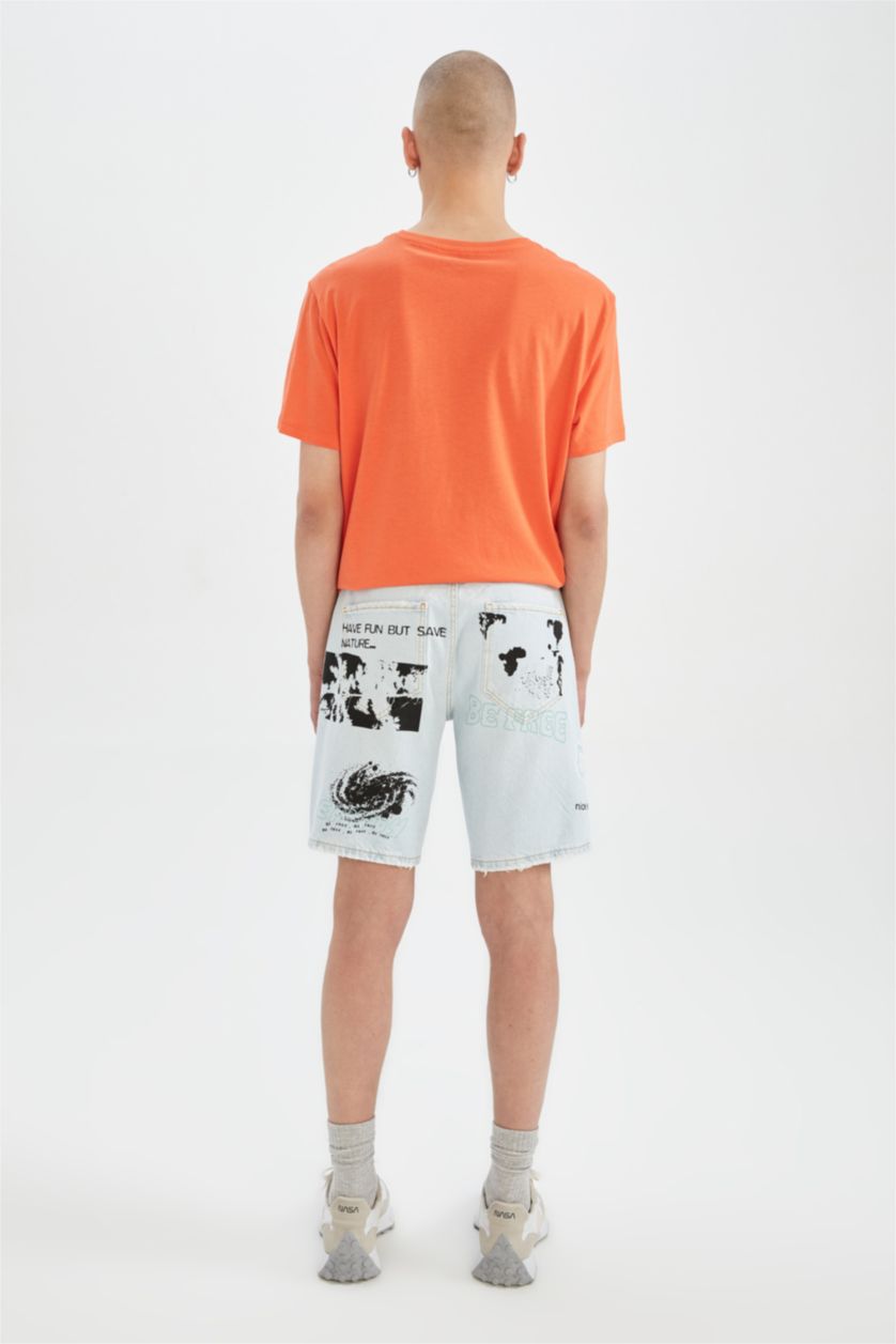 Erkek Açık Mavi Loose Fit Bol Kalıp Yüksek Bel Dar Paça Jean Bermuda Şort