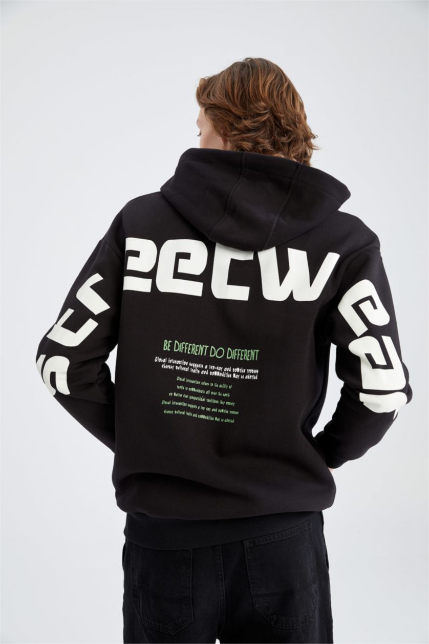 HOMME Noir Sweat À Capuche Large Avec Zip İmprimé Dans Le Dos