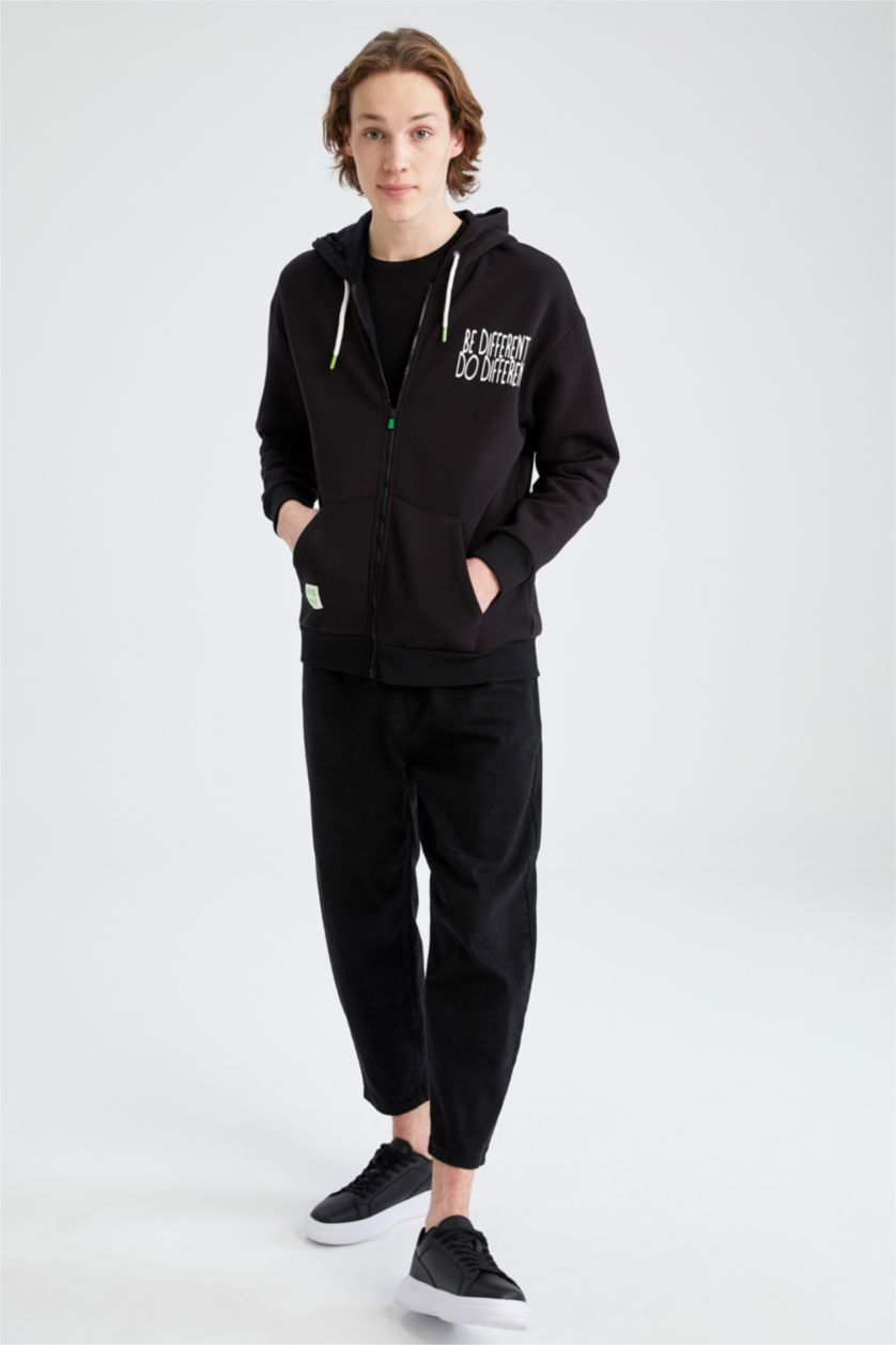 HOMME Noir Sweat À Capuche Large Avec Zip İmprimé Dans Le Dos